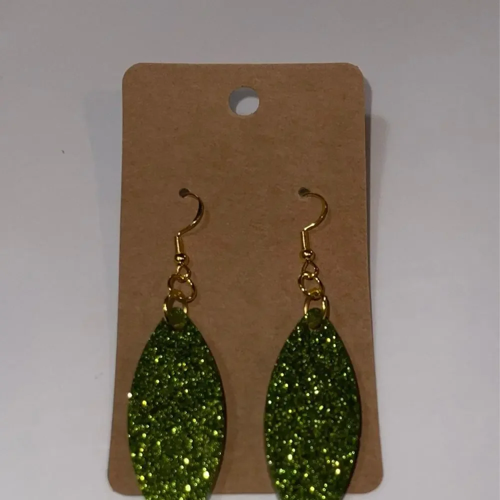 Handmade epoxy resin marquis pointed oval dangle earrings lime green‎ glitter